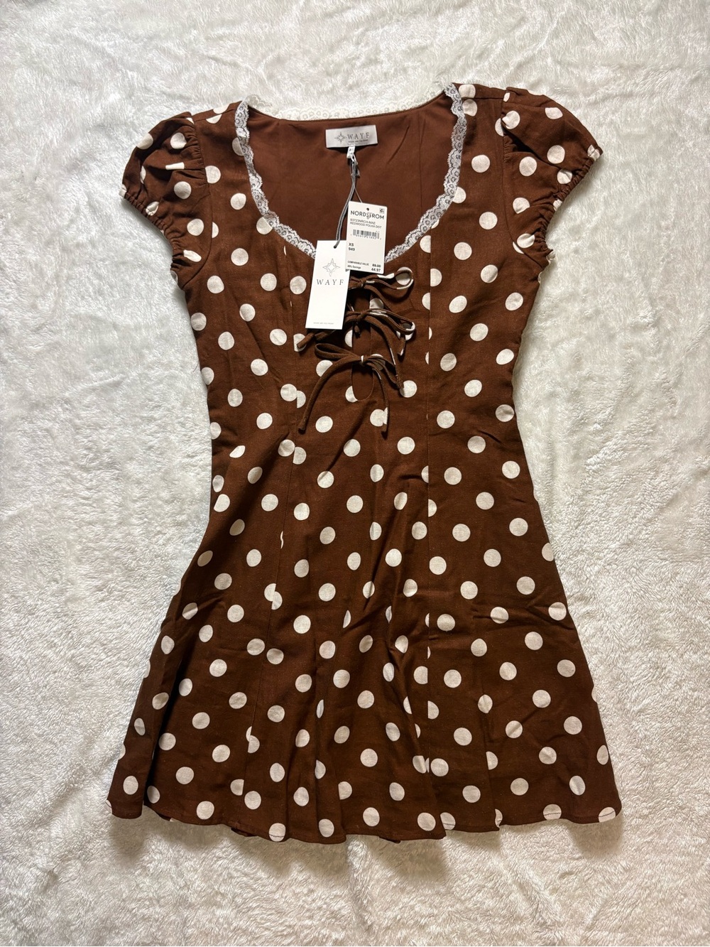 Wayf Brown Polka Dot Mini Dress with White Dots